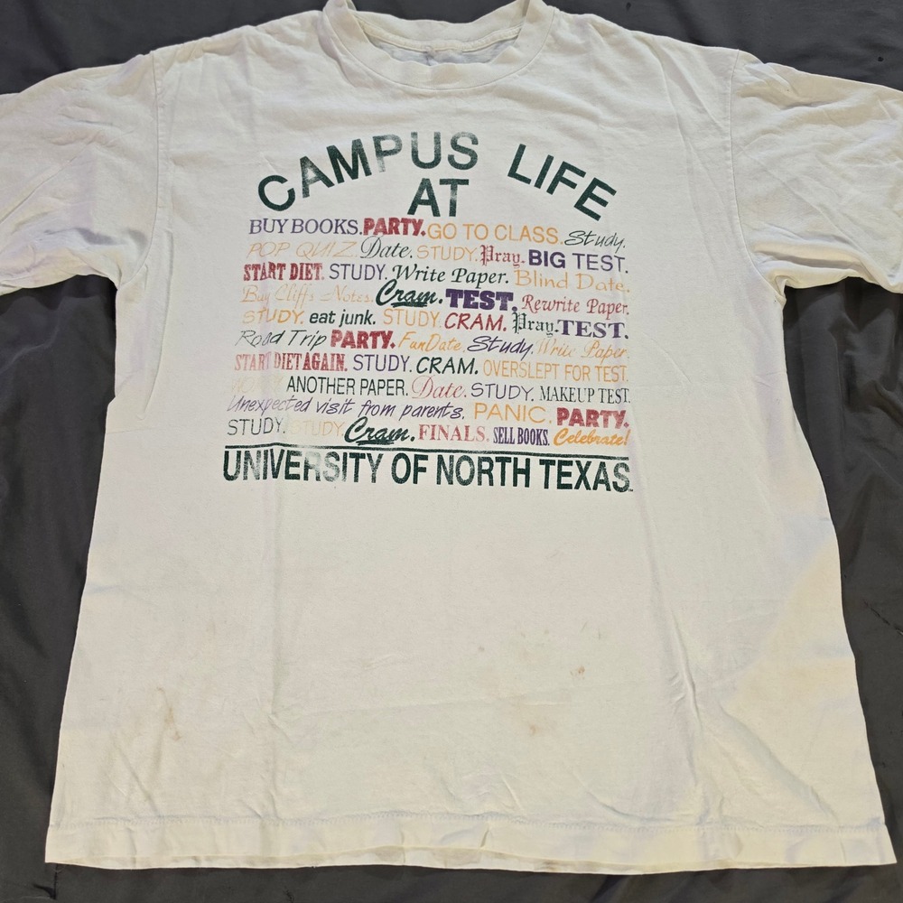 Vintage University of North Texas UNT Campus Life Graphic T-Shirt White XL